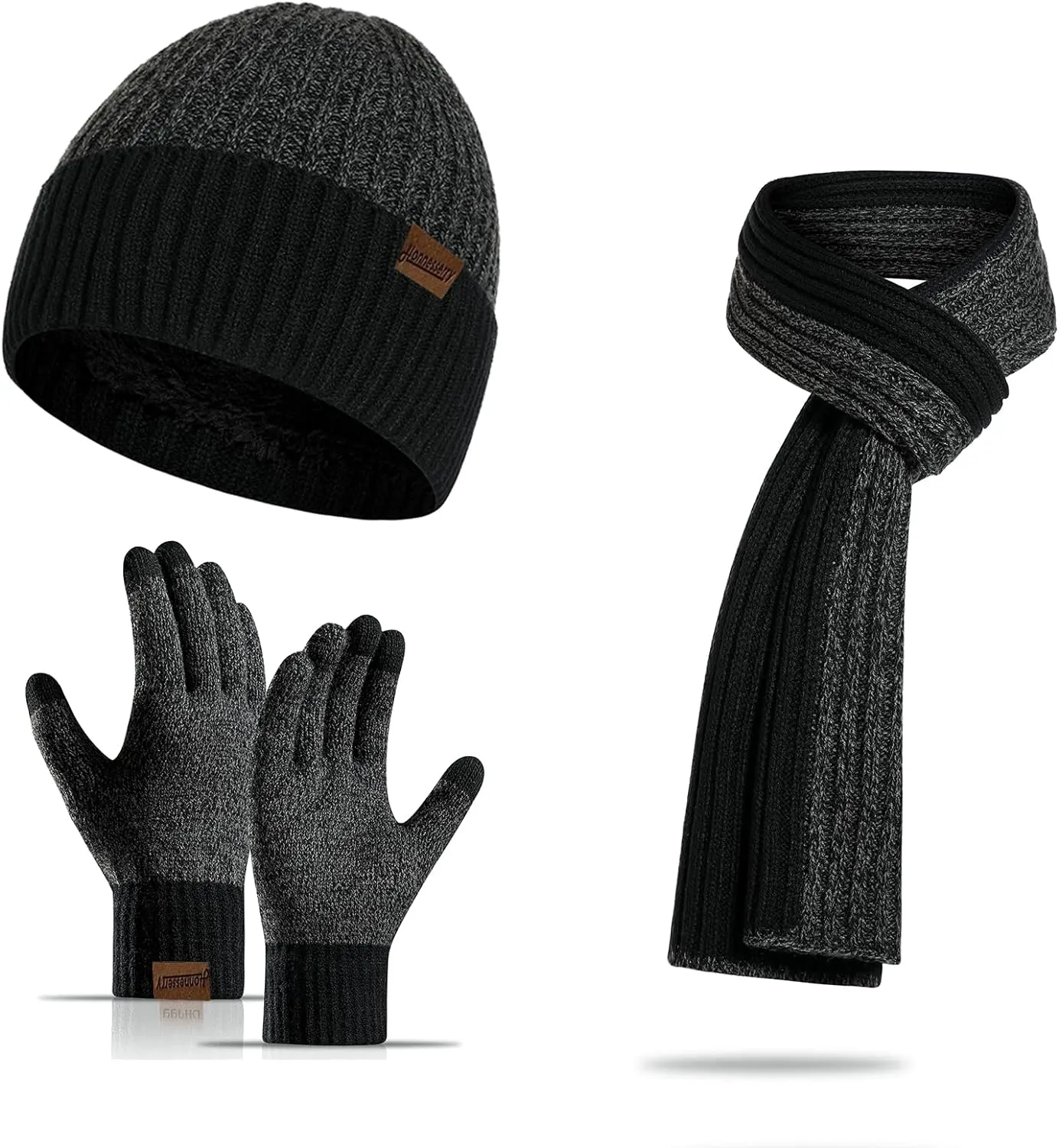 Winter Soft Brown Two Tone Thermal Knit Beanie Hat, Gloves & Scarf Set