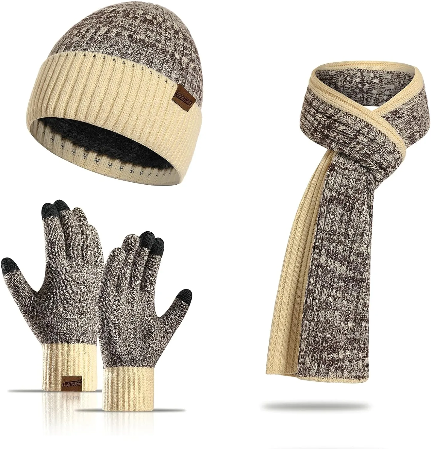 Winter Soft Brown Two Tone Thermal Knit Beanie Hat, Gloves & Scarf Set