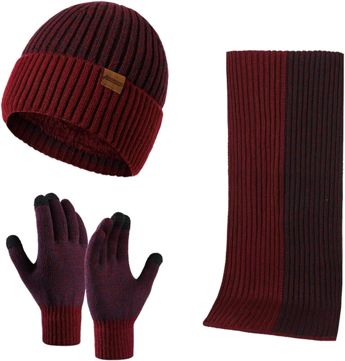 Winter Soft Brown Two Tone Thermal Knit Beanie Hat, Gloves & Scarf Set