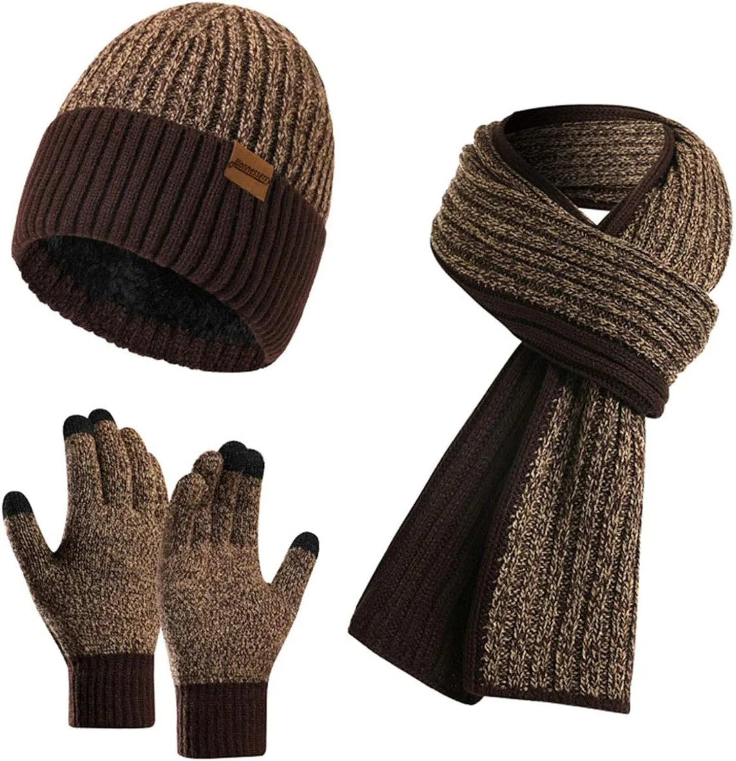 Winter Soft Brown Two Tone Thermal Knit Beanie Hat, Gloves & Scarf Set