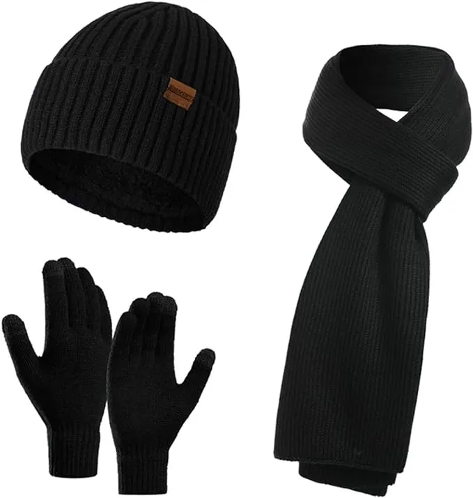 Winter Soft Brown Two Tone Thermal Knit Beanie Hat, Gloves & Scarf Set