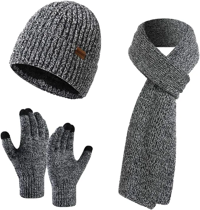 Winter Soft Brown Two Tone Thermal Knit Beanie Hat, Gloves & Scarf Set