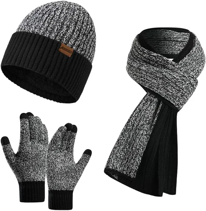 Winter Soft Brown Two Tone Thermal Knit Beanie Hat, Gloves & Scarf Set