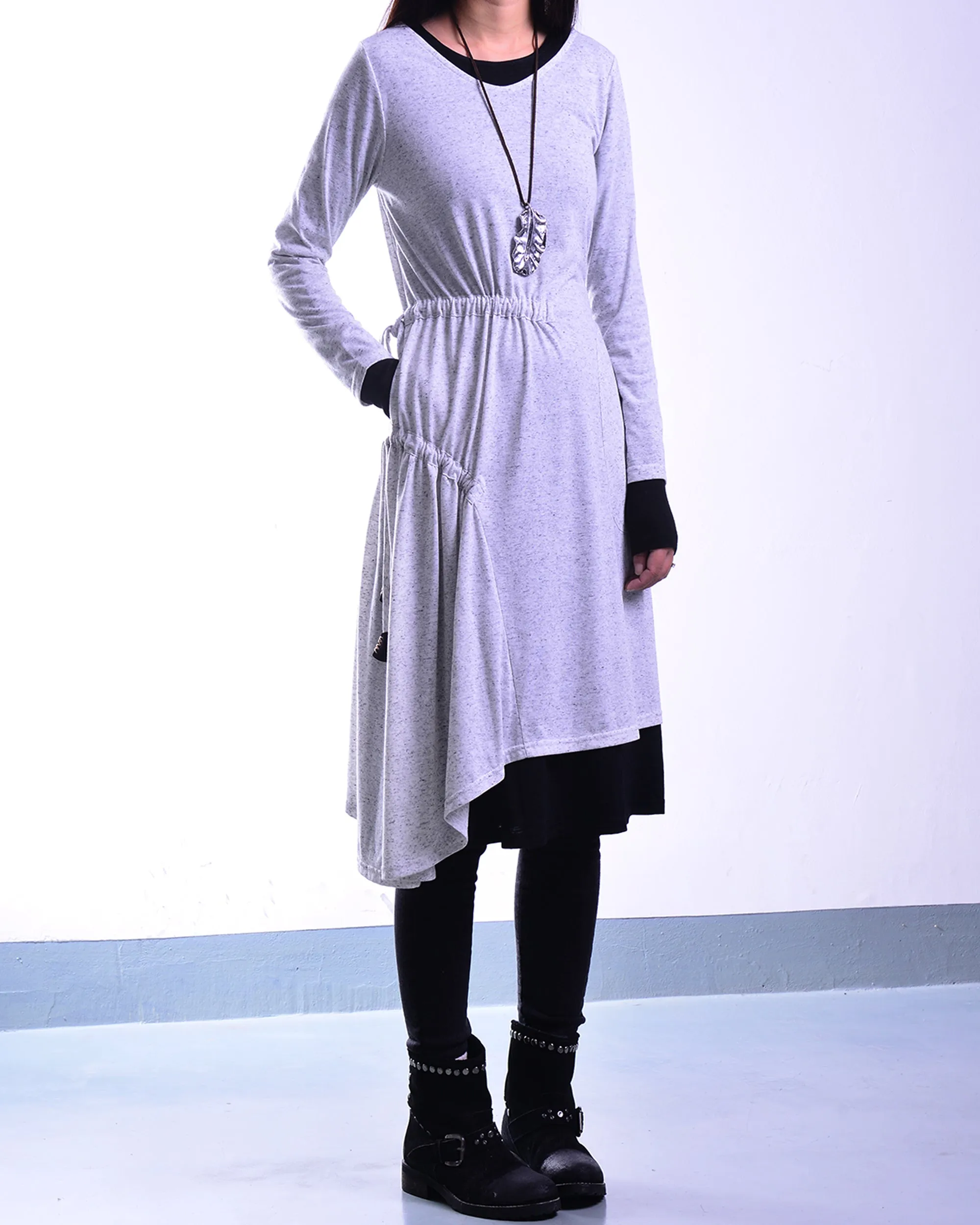 Women's cotton dress set/asymmetrical dress/plus size dress/long sleeve dress/layered dress/oversized dress/v-neck dress Q08