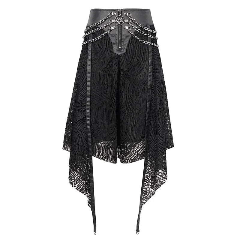 Women's Gothic Irregular Mesh Skirt with Chain