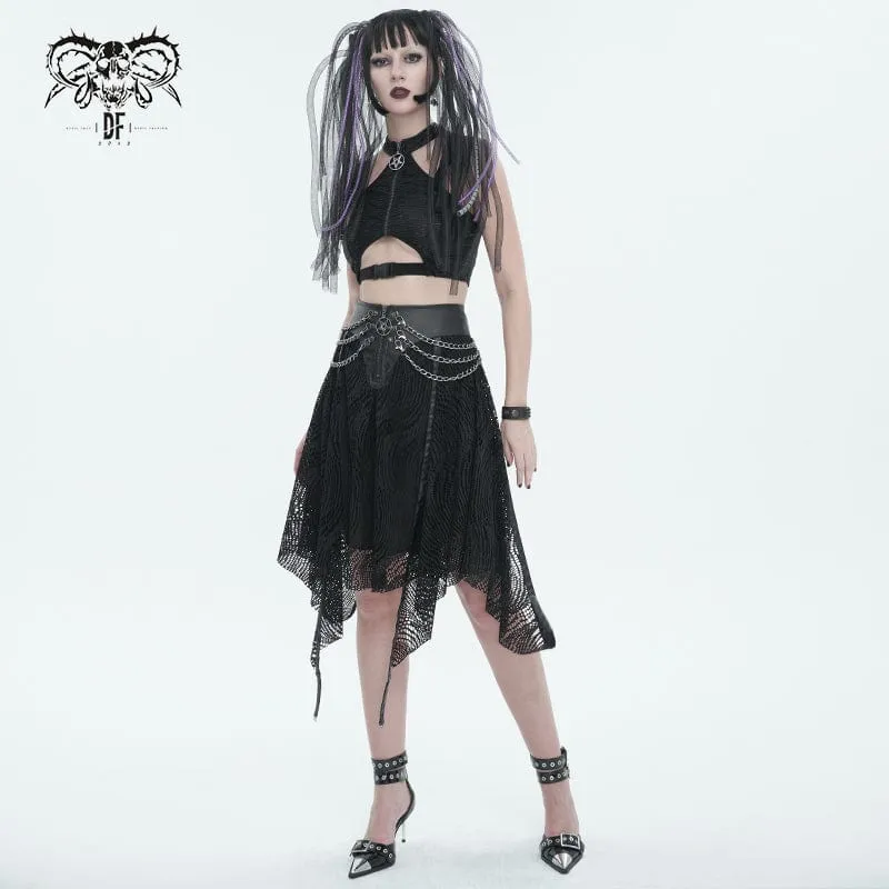 Women's Gothic Irregular Mesh Skirt with Chain