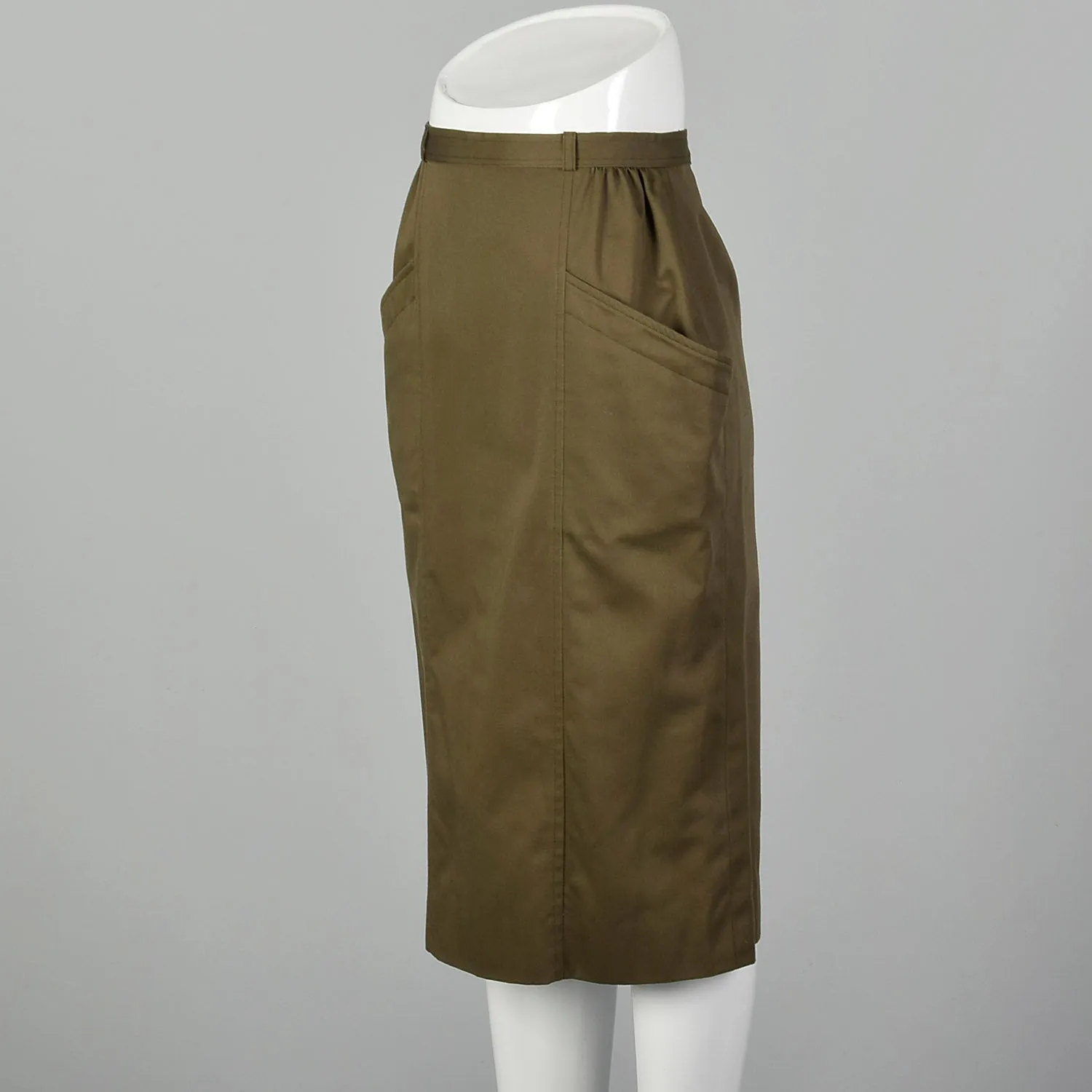 XS Rodier 1970s Green Twill Pencil Skirt With Large Pockets And Snap Up Back