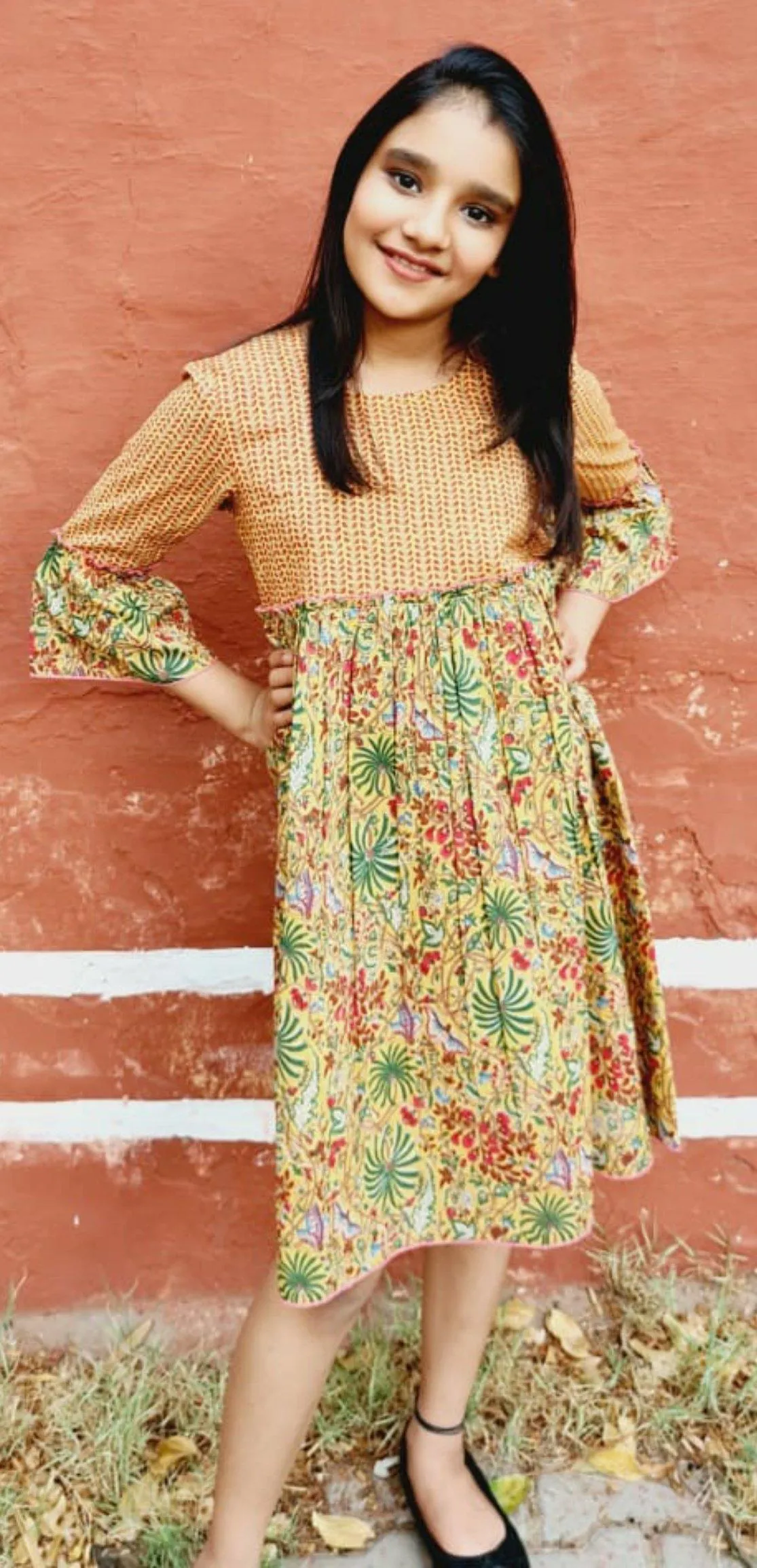 Yellow Forest Print Bell Sleeves Dress